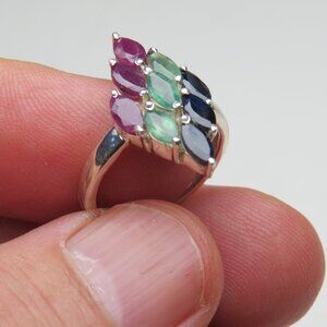 *925 Sterling Silver Genuine Emerald Sapphire Ruby Ring